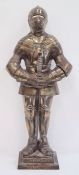 Large brass figure of a knight standing in suit of armour with sword, on plinth base, 64cm high