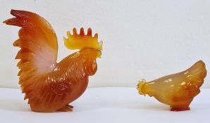 Carnelian agate miniature model of a cockerel, 7cm high and another of a hen, naturalistically