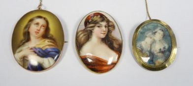 Gold-coloured oval brooch with painted scene of half-length portrait of two ladies and two other