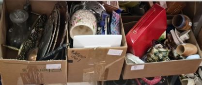 Leather writing case, assorted ornaments and ceramics, glassware, a brass trivet, copper platters, a