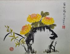Japanese watercolour of flowers, bears inscription to the right hand side and another Japanese
