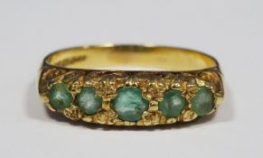 9ct gold and five-stone emerald ring, 3g in total