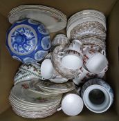 Two boxes of glass and ceramics including various part tea services such as Royal Swan, Queen Anne