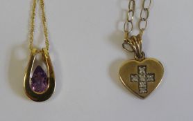 9ct gold heart-shaped pendant set with diamonds in a crucifix, on 9ct gold chain and a 9ct gold