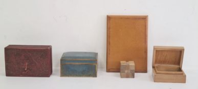 Wooden box  with buttons, a rectangular turquoise cloisonne box, a wooden puzzle, a red lacquered