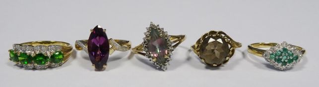 9ct gold, green stone and diamond lozenge-shaped ring, a 9ct gold, green stone and diamond ring