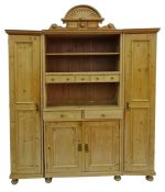 Late 19th/early 20th century continental pine dresser with moulded cornice above open shelves,
