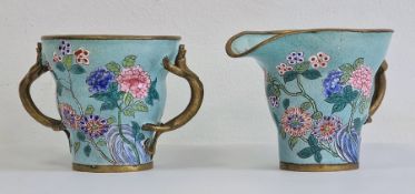 Chinese turquoise ground enamelled two-handled cup and a jug, enamelled with flowering chrysanthemum