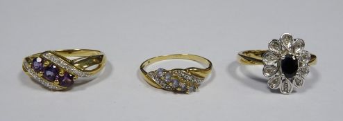 9ct gold, diamond and amethyst-coloured stone dress ring set three amethyst-coloured stones with
