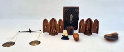 Mixed collectables; an early 20th Century leather bound notepad with wooden boards to front and