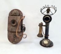 Bakelite sit-up-and-beg telephone converted to table lamp and another wall-mounted vintage telephone