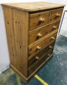 20th century pine chest of two short over four long drawers, on plinth base, 84.5cm x 114cm