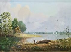 Spencer Stock Pair oils on canvas Lakeside scene with two figures and a sailing boat on shore,