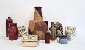 Collection of 20th century studio pottery to include a large brown half glazed vase, 42cm high, a