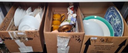 Four boxes of mixed ceramics and glass including two large meat plates, model figures, blue glass