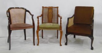 Early 20th century mahogany framed armchair with caned sides, olive green back, green upholstered