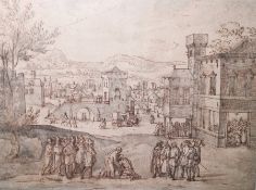 Flemish school  (16th/17th century(?)) Pen, ink and wash Busy town scene with figures, horses and
