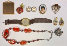 Quantity of costume jewellery, bead necklaces, clip-on earrings, trinket boxes, brooches, etc (3