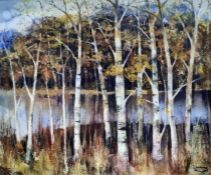 Lawrence Hill Oil on board Silver birches beside a lake, signed and dated 1991, 49cm x 60cm