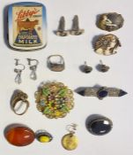 Silver, marcasite and black agate suite of Luiber jewellery viz:- two brooches and pair of earrings,