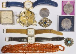 Quantity of costume jewellery to include coral bead necklace, assorted watches, brooches, beaded