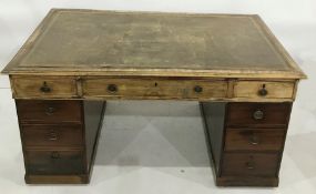 Mahogany pedestal partners desk with leather inset top above 12 assorted drawers, plinth base, 152cm