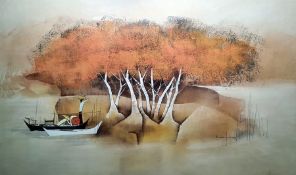 Bak Koi Tay(1939-2005) Watercolour on rice paper Malay figures in boat beneath trees, signed with