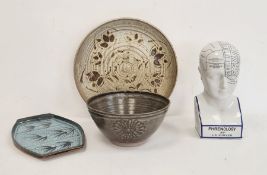 20th century studio pottery blue glazed plate stamped 'Stoke Gabriel Lotus Pattern, South Devon',