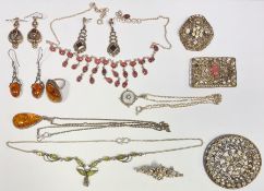 Silver pendant on chain with reconstituted amber, matching ring and earrings, peridot and silver
