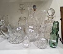 Antique cut glass decanter, mallet-shaped, three other decanters, two modern water jug and four