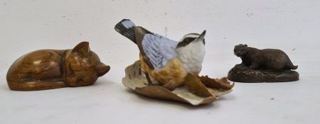 Brooks & Bentley miniature ceramic blue tit on silver birch bark, with relief of leaves, a carved