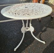 Cast pierced aluminium circular garden table in white, 68cm diameter