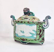 Chinese porcelain censer and cover, oval, straight-sided with Dog of Fo knop, in famille verte