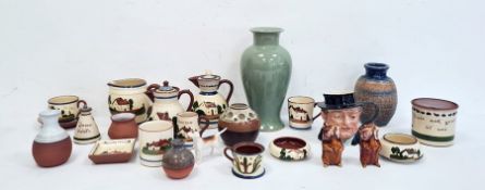 St Agnes part glazed blue and brown pottery ovoid vase, a green celadon-style crackle glazed vase, a