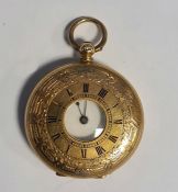 14ct gold cased fob watch with engraved decoration and Roman numeral enamel dial, marked '14K',