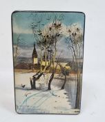 Russian rectangular lacquered box, black with winter scene to lid, signed indistinctly lower right