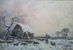 Joseph Farquharson (1846 - 1935)  Watercolour heightened with white Shepherd and sheep in snowy