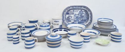 Large collection of T G Green & Co Cornish kitchenware, typically blue and white striped pottery,
