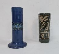 Brannam Barum tall cylindrical blue ground pottery vase with slip trailed band of stylised harebells