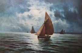 After Harold Webb Colour prints Red sailed fishing boat in high seas and another in calm waters