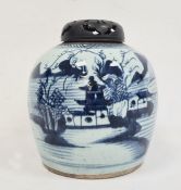Chinese blue and white ginger jar, ovoid and painted in underglaze blue with lakeside landscape
