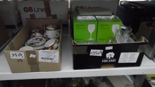 A part oriental style decorated tea service and a box of assorted glassware including boxed John