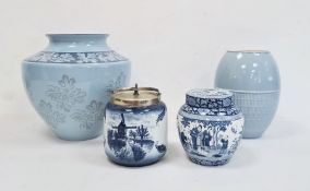 Wedgwood Interiors earthenware blue glazed vase, transfer printed with leaves and flowerheads,