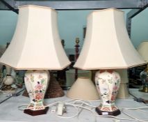 Pair of Chinese-style patterned octagonal ceramic table lamps and shades from BHS (2)