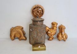 Large Eastern copper canister, repousse decorated with bands of stylised flowering branches, four