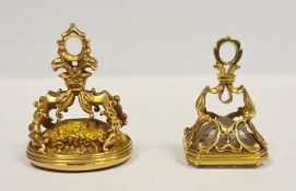 Georgian two-colour gold fob seal inset intaglio carved oval cornelian (chips to edge), on rococo