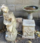 Reconstituted stone items including cast figure of a lady, circular birdbath, etc