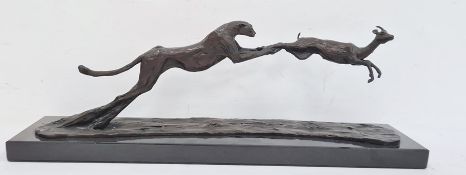 Bronze sculpture of leopard and antelope by Bruce Little (XX-XXI), on granite base, 23cm high x 66cm