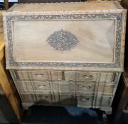 20th century Oriental-style three-drawer bureau on cabriole legs to paw feet, 86.5cm wide