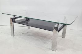 20th century glass-topped coffee table on chrome supports, smoked glass undertier, 120cm x 60cm